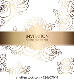 Abstract background with roses, luxury white and gold vintage frame, victorian banner, damask floral wallpaper ornaments, invitation card, baroque style booklet, fashion pattern, template for design