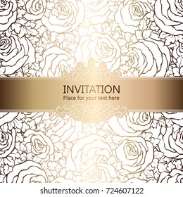 Abstract background with roses, luxury white and gold vintage frame, victorian banner, damask floral wallpaper ornaments, invitation card, baroque style booklet, fashion pattern, template for design