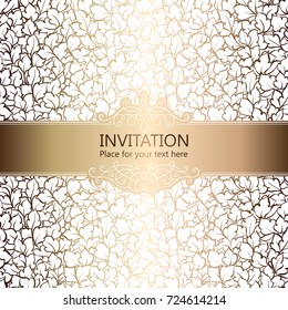 Abstract background with roses, luxury white and gold vintage frame, victorian banner, damask floral wallpaper ornaments, invitation card, baroque style booklet, fashion pattern, template for design