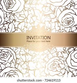 Abstract background with roses, luxury white and gold vintage frame, victorian banner, damask floral wallpaper ornaments, invitation card, baroque style booklet, fashion pattern, template for design