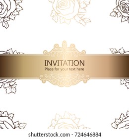 Abstract background with roses, luxury white and gold vintage frame, victorian banner, damask floral wallpaper ornaments, invitation card, baroque style booklet, fashion pattern, template for design