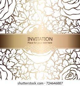 Abstract background with roses, luxury white and gold vintage frame, victorian banner, damask floral wallpaper ornaments, invitation card, baroque style booklet, fashion pattern, template for design