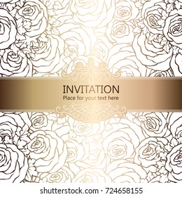 Abstract background with roses, luxury white and gold vintage frame, victorian banner, damask floral wallpaper ornaments, invitation card, baroque style booklet, fashion pattern, template for design