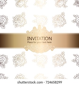 Abstract background with roses, luxury white and gold vintage frame, victorian banner, damask floral wallpaper ornaments, invitation card, baroque style booklet, fashion pattern, template for design