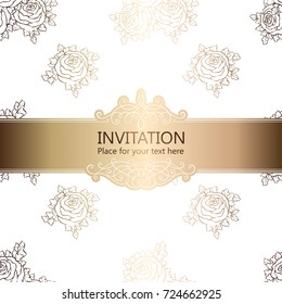 Abstract background with roses, luxury white and gold vintage frame, victorian banner, damask floral wallpaper ornaments, invitation card, baroque style booklet, fashion pattern, template for design