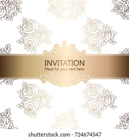 Abstract background with roses, luxury white and gold vintage frame, victorian banner, damask floral wallpaper ornaments, invitation card, baroque style booklet, fashion pattern, template for design