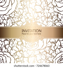 Abstract background with roses, luxury white and gold vintage frame, victorian banner, damask floral wallpaper ornaments, invitation card, baroque style booklet, fashion pattern, template for design
