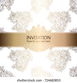 Abstract background with roses, luxury white and gold vintage frame, victorian banner, damask floral wallpaper ornaments, invitation card, baroque style booklet, fashion pattern, template for design