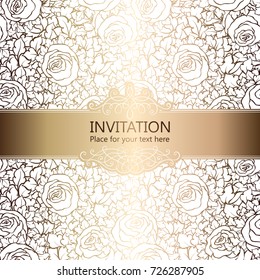Abstract background with roses, luxury white and gold vintage frame, victorian banner, damask floral wallpaper ornaments, invitation card, baroque style booklet, fashion pattern, template for design
