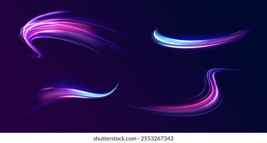 Linhas de borda rotativas de fundo abstrato, png, efeito, onda, neon, linha. Listras de néon na forma de broca, voltas e redemoinho. Velocidade do plano de fundo do conceito de luz. 
