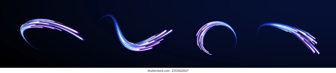 Abstract background rotational border lines, png, effect, wave,neon,line. Neon stripes in the form of drill, turns and swirl. Speed of light concept background. 