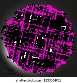 Abstract background from rough strokes and pink glowing geometric object. Vector illustration in trendy modern trends.
