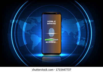 abstract background of round futuristic technology user interface screen hud with fingerprint login system on smart mobile phone