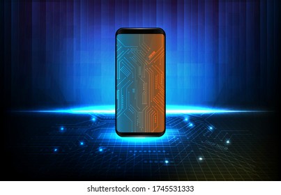 abstract background of round futuristic technology electronic blue Printed Circuit Board line on smart mobile phone