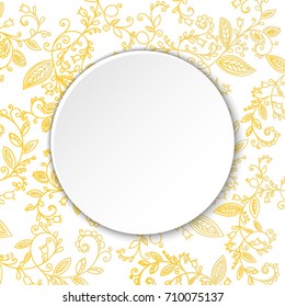 Abstract background. Round paper speech bubble. Design element for background, banner, greeting card, invitation. Gold whorl ornament. Vector illustration.