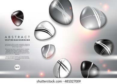 Abstract background. Round pebble stones, black, gray and white with realistic transparent shine and shadow on the light background. Vector illustration. Eps10.
