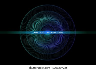 Abstract background with round swirl. Green and blue. Linear sphere. Luminous form on dark background. Template for banner, cover, landing page, leaflet. Cosmic style