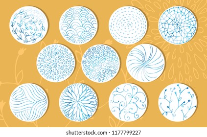 Abstract background of rounds with watercolored decorative elements - waves, flowers, wet, seashells, lines etc. Vector. Seamless