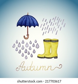 Abstract background with rubber boots, rain drops and umbrella. Watercolor paint. Autumn theme. Can be used for card, invitation or some text.