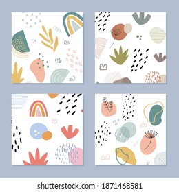 Abstract background s set in trendy style with botanical and geometric elements, textures. Natural earthy colors. . Vector illustration. 