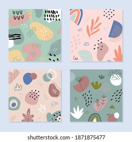El fondo abstracto está ambientado en un estilo moderno con elementos botánicos y geométricos, texturas. Colores naturales de tierra. ... Ilustración vectorial. 