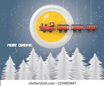 Abstract background with Santa Claus driving the train in the sky and under full moon in winter season,Merry Christmas concept ,paper craft style and illustration