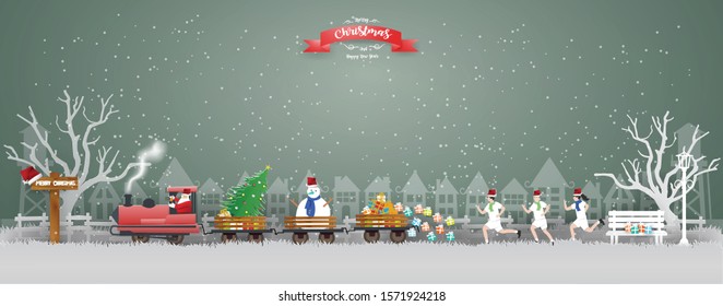 Abstract background with Santa Claus driving Vintage 
Transportation Train carry Christmas tree,Snow man and gift box on gray grass  in winter season,Merry Christmas and Happy new year concept