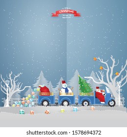 Abstract background with Santa Claus driving mini truck to carry Christmas tree. Snowman and gift box in winter season. 