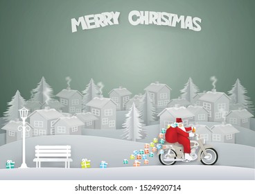 Abstract background with Santa Claus  riding  motorcycle  in white grass and snow in winter season,Paper art Vector and Illustration