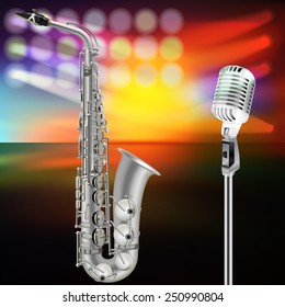 abstract background with saxophone and microphone on music stage