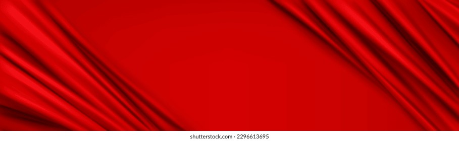 Fondo abstracto con borde de tela de seda escarlata. Textura 3d de elegante tela de satén rojo de lujo. Plantilla de banner con cortinas textiles lisas y espacio de copia en el centro, ilustración vectorial realista