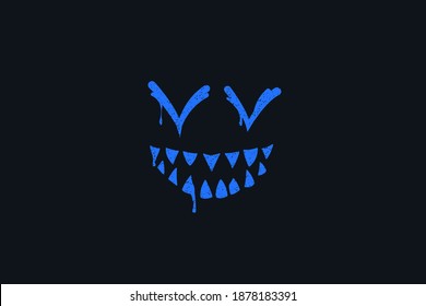 Abstract background, scary face with teeth. Creative background, blue face outline, toothy monster.