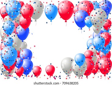 Abstract background with scattered confetti and balloons. Blank festive holiday card template for Independence day, Patriot, Memorial, Veterans, Presidents Day.