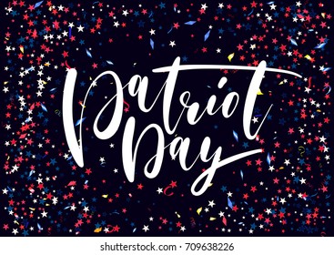 Abstract background with scattered confetti and balloons. Blank festive holiday card template for Independence day, Patriot, Memorial, Veterans, Presidents Day.