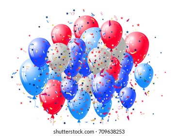 Abstract background with scattered confetti and balloons. Blank festive holiday card template for Independence day, Patriot, Memorial, Veterans, Presidents Day.