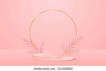 Abstract background scene. Pink pedestal with golden circle lines and leaves in the back for product presentation. Cosmetic product display. vector illustration
