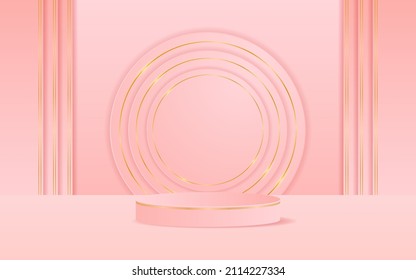 Abstrakte Hintergrundszene. rosafarbenes Podium mit Kreisen mit goldenen Linien auf der Rückseite. Produktpräsentation. Kosmetische Produktanzeige. Vektorgrafik

