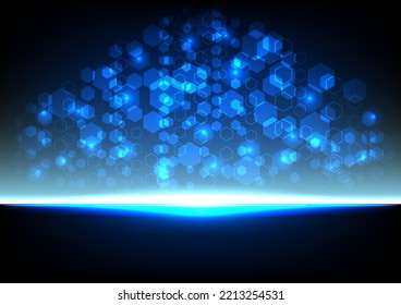 The abstract background of science and technology in blue tones. The digital geometry, modern hexagon illustration with beam.
