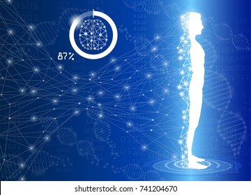abstract background science and technology concept in blue light,human body heal,technology modern medical science in future and global international medical with tests analysis clone DNA human