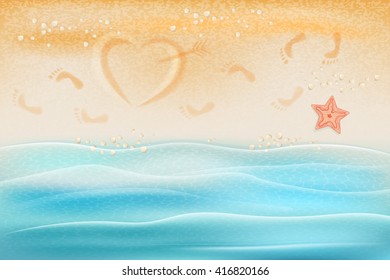 Abstract background, sea and beach, footprints and drawing a heart in the sand.