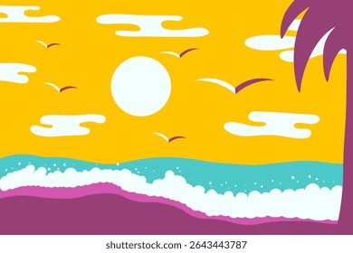 Abstract background with sea view and palm tree. Vector illustration in flat style