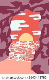 Fondo Abstractas con vista al mar desde la cueva de piedra. Ilustración vectorial en estilo plano