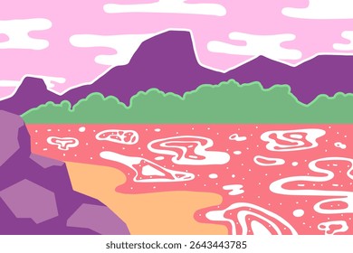Abstract background with sea view, trees and mountain. Vector illustration in flat style