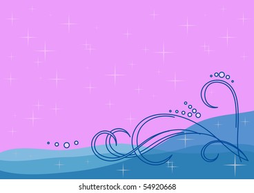 Abstract background, sea waves: stars, curls, lines, bubbles