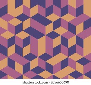Abstract background seamless geometric pattern. Cube shape, diamond shape. Purple pink yellow color. Surface design for apparel, textile, tile, cover, poster, flyer, banner, wall. Vector illustration.
