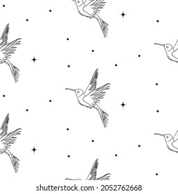 Abstract Background Seamless Pattern with Birds And Stars. Hummingbird, Stars, Dots. Mystic Design, Vector Illustration for wrapping tissue paper