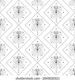 Abstract Background Seamless Pattern with Crescents, Eyes, rectangles, squares. Mystic Design, Vector Illustration for wrapping tissue paper. svg