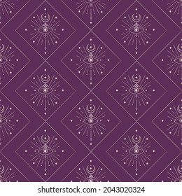 Abstract Background Seamless Pattern with Crescents, Eyes, rectangles, squares. Mystic Design, Vector Illustration for wrapping tissue paper. Pink Gold.