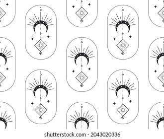 Abstract Background Seamless Pattern with Crescents, Stars, Suns. Frames. Mystic Design, Vector Illustration for wrapping tissue paper