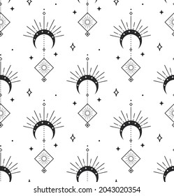 Abstract Background Seamless Pattern with Crescents, Stars, Suns. Mystic Design, Vector Illustration for wrapping tissue paper